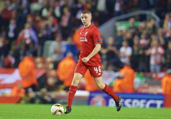 LIVERPOOL, ENGLAND - Thursday, October 1, 2015: Liverpool's Jordan Rossiter in action against FC Sion during the UEFA Europa League Group Stage Group B match at Anfield. (Pic by David Rawcliffe/Propaganda)