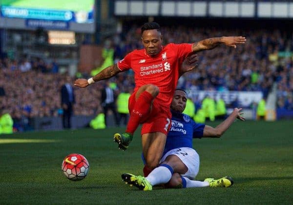 LIVERPOOL, ENGLAND - Sunday, October 4, 2015: Liverpool's Nathaniel Clyne in action against Everton's Brendan Galloway during the Premier League match at Goodison Park, the 225th Merseyside Derby. (Pic by Lexie Lin/Propaganda)