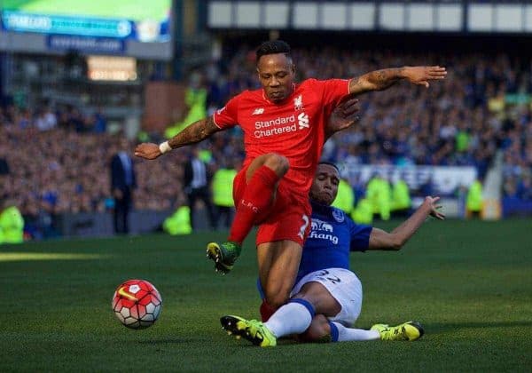 LIVERPOOL, ENGLAND - Sunday, October 4, 2015: Liverpool's Nathaniel Clyne in action against Everton's Brendan Galloway during the Premier League match at Goodison Park, the 225th Merseyside Derby. (Pic by Lexie Lin/Propaganda)