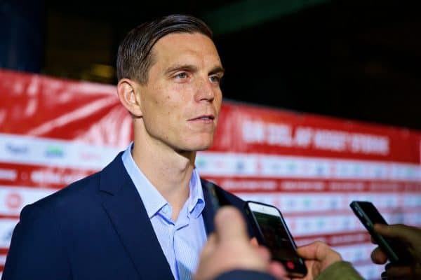 COPENHAGEN, DENMARK - Sunday, October 11, 2015: Denmark's captain Daniel Agger talking to press after the 1-2 friendly game against France at Parken Stadium. (Pic by Lexie Lin/Propaganda)