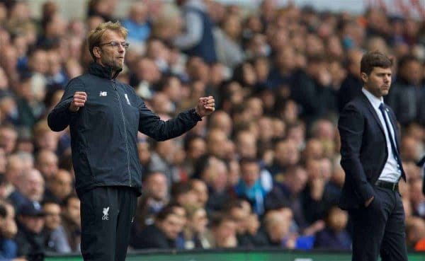 LONDON, ENGLAND - Saturday, October 17, 2015: Liverpool's manager Jürgen Klopp during the Premier League match against Tottenham Hotspur at White Hart Lane. (Pic by David Rawcliffe/Kloppaganda)