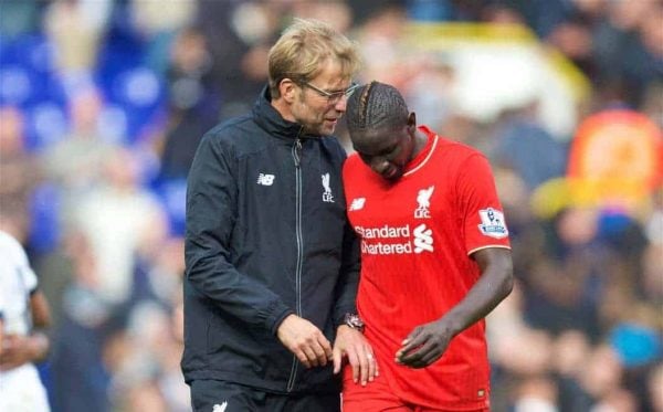 LONDON, ENGLAND - Saturday, October 17, 2015: Liverpool's manager J¸rgen Klopp and Mamadou Sakho after the goal-less draw with Tottenham Hotspur during the Premier League match at White Hart Lane. (Pic by David Rawcliffe/Kloppaganda)