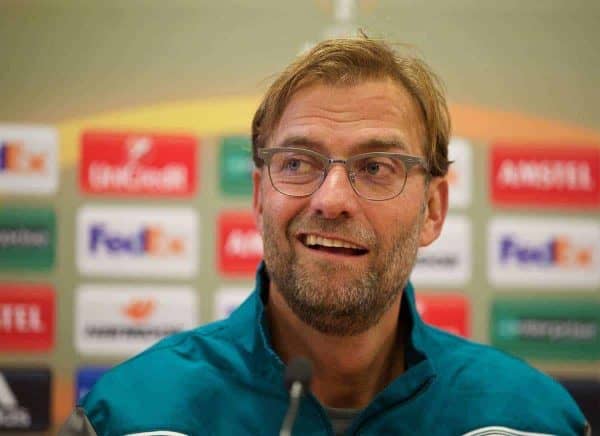 LIVERPOOL, ENGLAND - Wednesday, October 21, 2015: Liverpool's manager Jürgen Klopp during a press conference at Melwood Training Ground ahead of the UEFA Europa League Group Stage Group B match against FC Rubin Kazan. (Pic by David Rawcliffe/Propaganda)