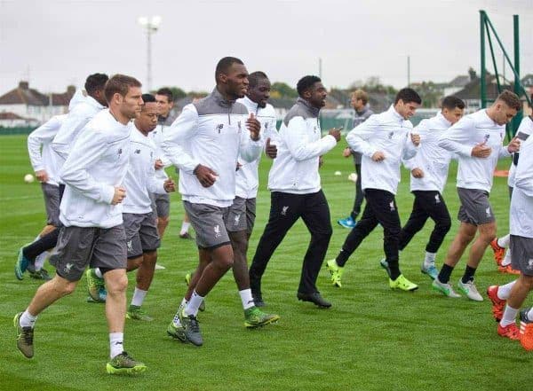 LIVERPOOL, ENGLAND - Wednesday, October 21, 2015: Liverpool's James Milner, Christian Benteke, Mamadou Sakho and Kolo Toure during a training session at Melwood Training Ground ahead of the UEFA Europa League Group Stage Group B match against FC Rubin Kazan. (Pic by David Rawcliffe/Propaganda)