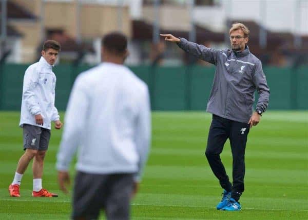 LIVERPOOL, ENGLAND - Wednesday, October 21, 2015: Liverpool's manager Jürgen Klopp during a training session at Melwood Training Ground ahead of the UEFA Europa League Group Stage Group B match against FC Rubin Kazan. (Pic by David Rawcliffe/Propaganda)