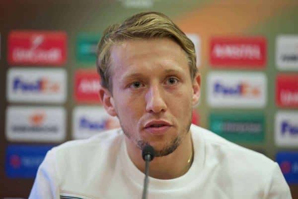LIVERPOOL, ENGLAND - Wednesday, October 21, 2015: Liverpool's Lucas Leiva during a press conference at Melwood Training Ground ahead of the UEFA Europa League Group Stage Group B match against FC Rubin Kazan. (Pic by David Rawcliffe/Propaganda)