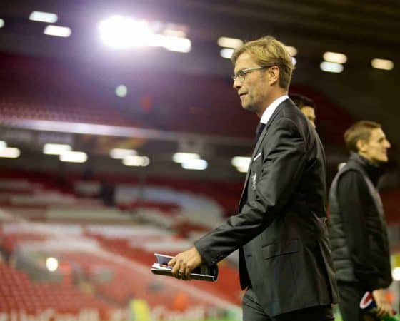 LIVERPOOL, ENGLAND - Thursday, October 22, 2015: Liverpool's new manager Jürgen Klopp walks out to see the stadium before the UEFA Europa League Group Stage Group B match against Rubin Kazan at Anfield. (Pic by David Rawcliffe/Propaganda)