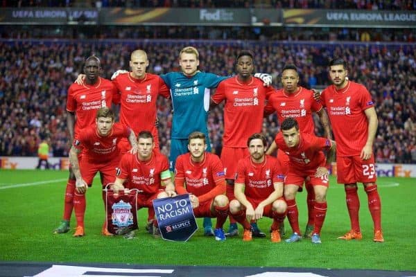 LIVERPOOL, ENGLAND - Thursday, October 22, 2015: Liverpool's players line up for a team group photograph before the UEFA Europa League Group Stage Group B match against Rubin Kazan at Anfield. Back row L-R: Mamadou Sakho, Martin Skrtel, goalkeeper Simon Mignolet, Divock Origi, Nathaniel Clyne, Emre Can. Front row L-R: Alberto Moreno, James Milner, Joe Allen, Philippe Coutinho Correia. (Pic by David Rawcliffe/Propaganda)