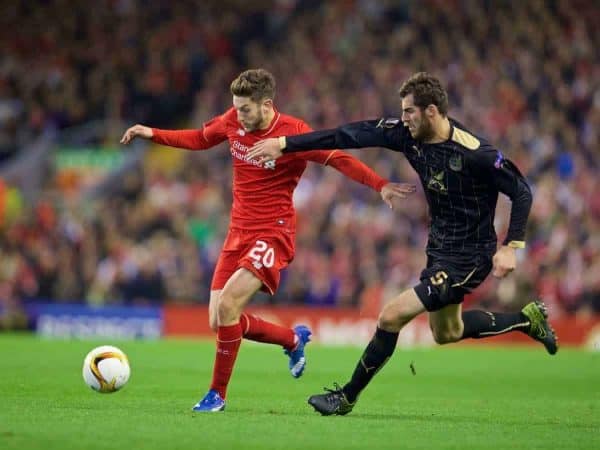 LIVERPOOL, ENGLAND - Thursday, October 22, 2015: Liverpool's Adam Lallana in action against Rubin Kazan's Solomon Kverkvelia during the UEFA Europa League Group Stage Group B match at Anfield. (Pic by David Rawcliffe/Propaganda)