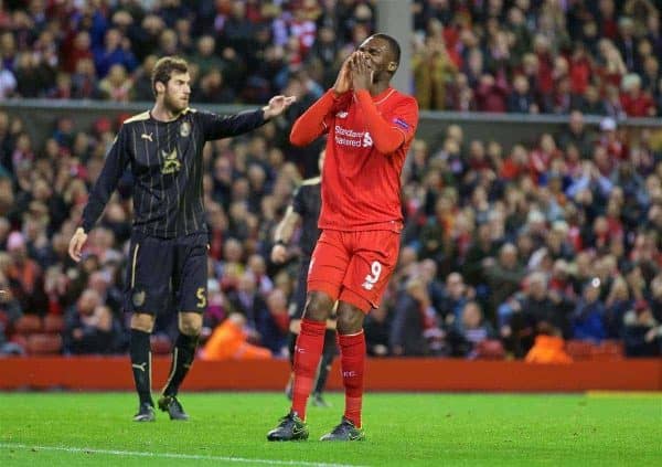 LIVERPOOL, ENGLAND - Thursday, October 22, 2015: Liverpool's Christian Benteke looks dejected after missing a chance against Rubin Kazan during the UEFA Europa League Group Stage Group B match at Anfield. (Pic by David Rawcliffe/Propaganda)