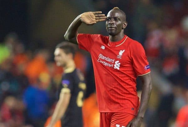 LIVERPOOL, ENGLAND - Thursday, October 22, 2015: Liverpool's Mamadou Sakho salutes the Kop after the 1-1 draw against Rubin Kazan during the UEFA Europa League Group Stage Group B match at Anfield. (Pic by David Rawcliffe/Propaganda)