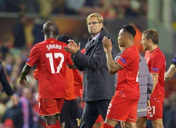 LIVERPOOL, ENGLAND - Thursday, October 22, 2015: Liverpool's manager Jürgen Klopp after the 1-1 draw against Rubin Kazan during the UEFA Europa League Group Stage Group B match at Anfield. (Pic by David Rawcliffe/Propaganda)
