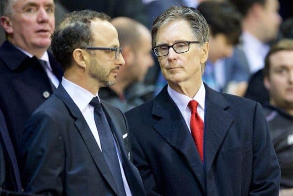 LIVERPOOL, ENGLAND - Thursday, October 22, 2015: Liverpool's owner John W. Henry and Director Michael Gordon before the UEFA Europa League Group Stage Group B match against Rubin Kazan at Anfield. (Pic by David Rawcliffe/Propaganda)