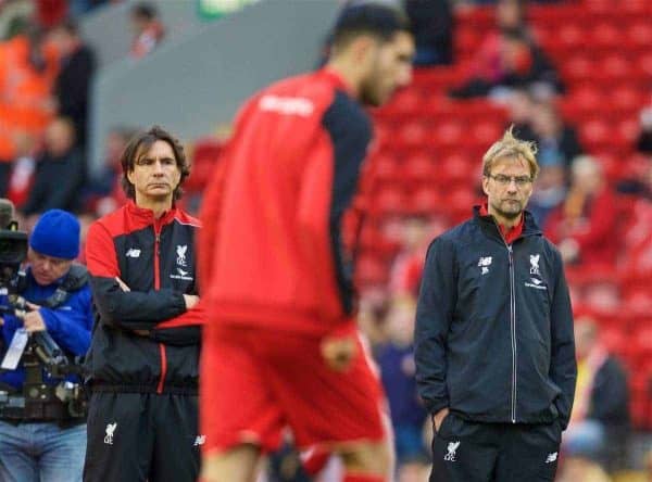 LIVERPOOL, ENGLAND - Sunday, October 25, 2015: Liverpool's manager Jürgen Klopp, assistant manager Zeljko Buvac and Emre Can before the Premier League match against Southampton at Anfield. (Pic by David Rawcliffe/Propaganda)