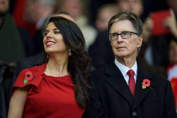 LIVERPOOL, ENGLAND - Sunday, October 25, 2015: Liverpool's Linda Pizzuti and owner John W. Henry in the director's box before the Premier League match against Southampton at Anfield. (Pic by David Rawcliffe/Propaganda)