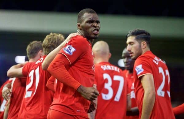 LIVERPOOL, ENGLAND - Sunday, October 25, 2015: Liverpool's Christian Benteke celebrates scoring the first goal against Southampton during the Premier League match at Anfield. (Pic by David Rawcliffe/Propaganda)