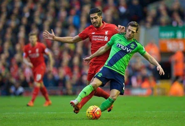 LIVERPOOL, ENGLAND - Sunday, October 25, 2015: Liverpool's Emre Can in action against Southampton's Cedric Soares during the Premier League match at Anfield. (Pic by David Rawcliffe/Propaganda)