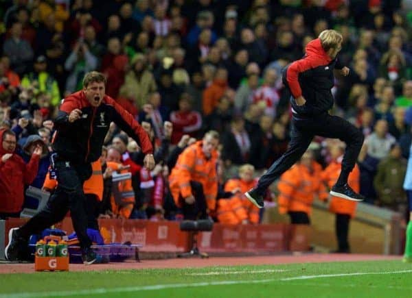 LIVERPOOL, ENGLAND - Sunday, October 25, 2015: Liverpool's manager Jürgen Klopp celebrates 2the first goal against Southampton during the Premier League match at Anfield. (Pic by David Rawcliffe/Propaganda)