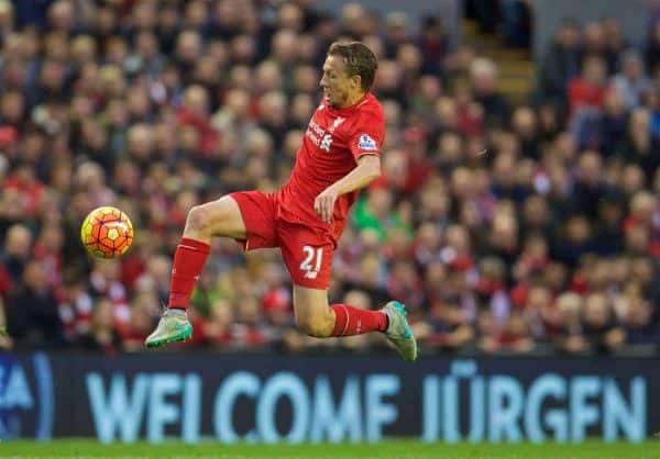 LIVERPOOL, ENGLAND - Sunday, October 25, 2015: Liverpool's Lucas Leiva during the Premier League match against Southampton at Anfield. (Pic by David Rawcliffe/Propaganda)
