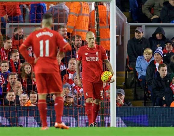 LIVERPOOL, ENGLAND - Sunday, October 25, 2015: Liverpool's Martin Skrtel looks dejected as his side concede a late equaliser to Southampton during the Premier League match at Anfield. (Pic by David Rawcliffe/Propaganda)