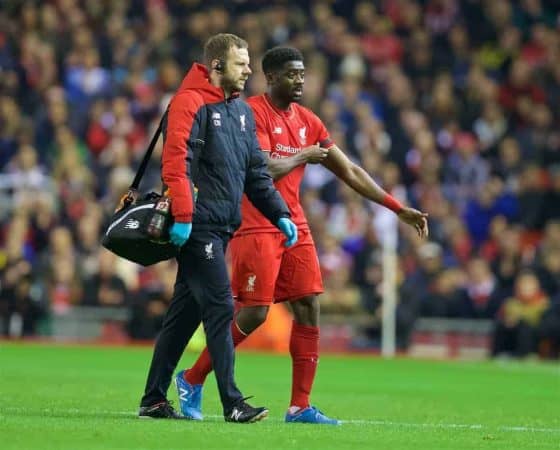 LIVERPOOL, ENGLAND - Wednesday, October 28, 2015: Liverpool's Kolo Toure goes off injured against AFC Bournemouth during the Football League Cup 4th Round match at Anfield. (Pic by David Rawcliffe/Propaganda)