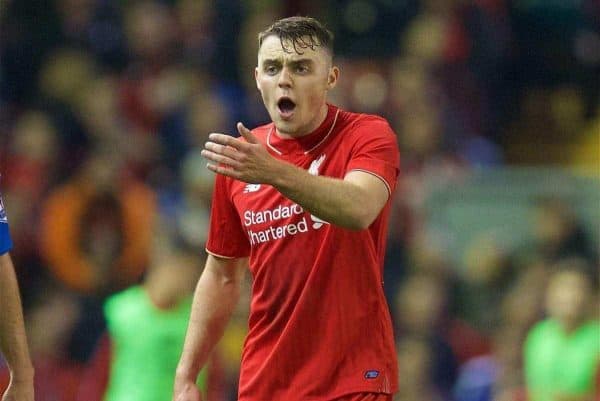 LIVERPOOL, ENGLAND - Wednesday, October 28, 2015: Liverpool's Connor Randall n action against AFC Bournemouth during the Football League Cup 4th Round match at Anfield. (Pic by David Rawcliffe/Propaganda)