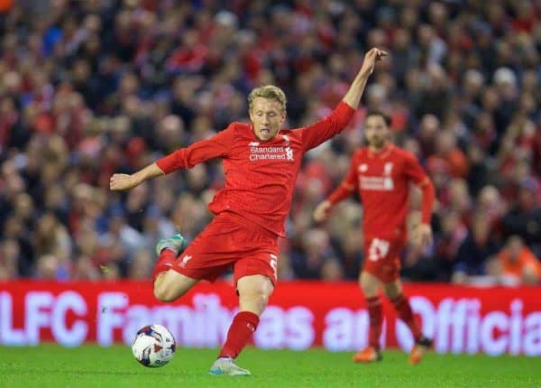 LIVERPOOL, ENGLAND - Wednesday, October 28, 2015: Liverpool's Lucas Leiva in action against AFC Bournemouth during the Football League Cup 4th Round match at Anfield. (Pic by David Rawcliffe/Propaganda)