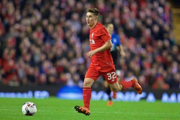 LIVERPOOL, ENGLAND - Wednesday, October 28, 2015: Liverpool's Cameron Brannagan in action against AFC Bournemouth during the Football League Cup 4th Round match at Anfield. (Pic by David Rawcliffe/Propaganda)