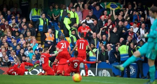 LONDON, ENGLAND - Saturday, October 31, 2015: Liverpool's Philippe Coutinho Correia celebrates scoring the second goal against Chelsea during the Premier League match at Stamford Bridge. (Pic by David Rawcliffe/Propaganda)