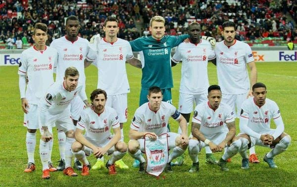 KAZAN, RUSSIA - Thursday, November 5, 2015: Liverpool's players line up for a team group photograph before the UEFA Europa League Group Stage Group B match against FC Rubin Kazan at the Kazan Arena Back row L-R: Roberto Firmino, Christian Benteke, Dejan Lovren, goalkeeper Simon Mignolet, Mamadou Sakho, Emre Can. Front row L-R: Alberto Moreno, Joe Allen, James Milner, Nathaniel Clyne, Jordon Ibe. (Pic by Oleg Nikishin/Propaganda)