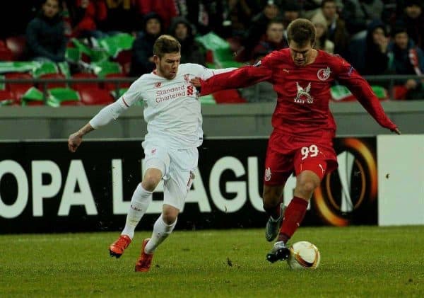 KAZAN, RUSSIA - Thursday, November 5, 2015: Liverpool's Alberto Moreno in action against Rubin Kazan's Maksim Kanunnikov during the UEFA Europa League Group Stage Group B match at the Kazan Arena. (Pic by Oleg Nikishin/Propaganda)