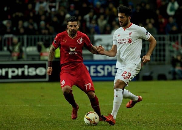 KAZAN, RUSSIA - Thursday, November 5, 2015: Liverpool's Emre Can in action against Rubin Kazan's Blagoy Georgiev during the UEFA Europa League Group Stage Group B match at the Kazan Arena. (Pic by Oleg Nikishin/Propaganda)