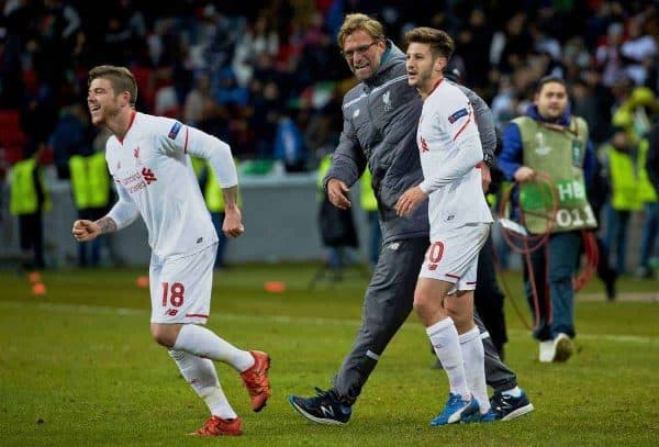 KAZAN, RUSSIA - Thursday, November 5, 2015: Liverpool's manager Jürgen Klopp celebrates with Alberto Moreno and Adam Lallana after the 1-0 victory over Rubin Kazan during the UEFA Europa League Group Stage Group B match at the Kazan Arena. (Pic by Oleg Nikishin/Propaganda)