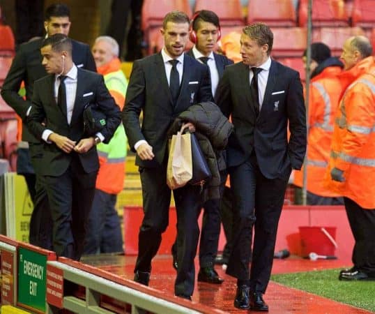 LIVERPOOL, ENGLAND - Sunday, November 8, 2015: Liverpool's captain Jordan Henderson and Lucas Leiva arrive at Anfield ahead of the Premier League match against Crystal Palace. (Pic by David Rawcliffe/Propaganda)