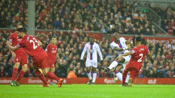 LIVERPOOL, ENGLAND - Sunday, November 8, 2015: Crystal Palace's Yannick Bolas scores the first goal against Liverpool during the Premier League match at Anfield. (Pic by David Rawcliffe/Propaganda)