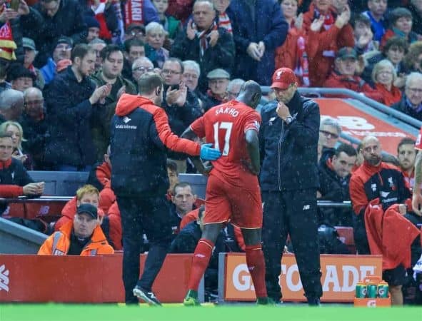 LIVERPOOL, ENGLAND - Sunday, November 8, 2015: Liverpool's Mamadou Sakho is substituted by manager Jürgen Klopp during the Premier League match against Crystal Palace at Anfield. (Pic by David Rawcliffe/Propaganda)