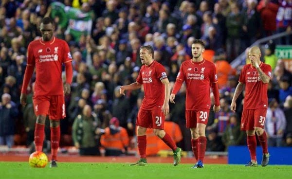 LIVERPOOL, ENGLAND - Sunday, November 8, 2015: Liverpool's Lucas Leiva looks dejected as Crystal Palace score the second goal during the Premier League match at Anfield. (Pic by David Rawcliffe/Propaganda)