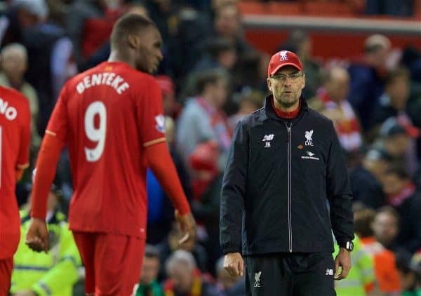 LIVERPOOL, ENGLAND - Sunday, November 8, 2015: Liverpool's manager Jürgen Klopp walks onto the pitch after his side's 2-1 home defeat to Crystal Palace during the Premier League match at Anfield. (Pic by David Rawcliffe/Propaganda)