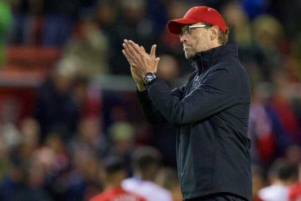 LIVERPOOL, ENGLAND - Sunday, November 8, 2015: Liverpool's manager Jürgen Klopp applause the supporters after his side's 2-1 home defeat to Crystal Palace during the Premier League match at Anfield. (Pic by David Rawcliffe/Propaganda)