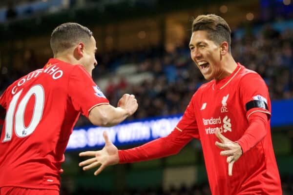 MANCHESTER, ENGLAND - Saturday, November 21, 2015: Liverpool's Roberto Firmino celebrates the Manchester City own goal scored by Mangala during the Premier League match against Liverpool at the City of Manchester Stadium. (Pic by David Rawcliffe/Propaganda)