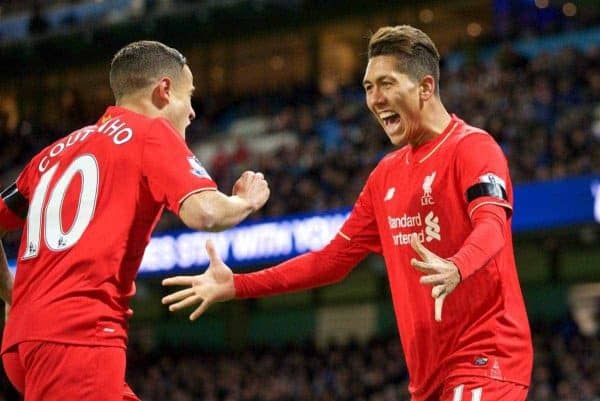 MANCHESTER, ENGLAND - Saturday, November 21, 2015: Liverpool's Roberto Firmino celebrates the Manchester City own goal scored by Mangala during the Premier League match against Liverpool at the City of Manchester Stadium. (Pic by David Rawcliffe/Propaganda)