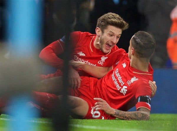 MANCHESTER, ENGLAND - Saturday, November 21, 2015: Liverpool's Philippe Coutinho Correia celebrates scoring the second goal against Manchester City with team-mate Adam Lallana during the Premier League match at the City of Manchester Stadium. (Pic by David Rawcliffe/Propaganda)