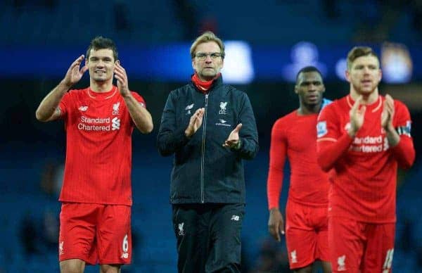 MANCHESTER, ENGLAND - Saturday, November 21, 2015: Liverpool's Dejan Lovren and manager Jürgen Klopp after the 4-1 victory over Manchester City during the Premier League match at the City of Manchester Stadium. (Pic by David Rawcliffe/Propaganda)