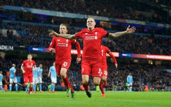 MANCHESTER, ENGLAND - Saturday, November 21, 2015: Liverpool's Martin Skrtel celebrates scoring the fourth goal against Manchester City during the Premier League match at the City of Manchester Stadium. (Pic by David Rawcliffe/Propaganda)