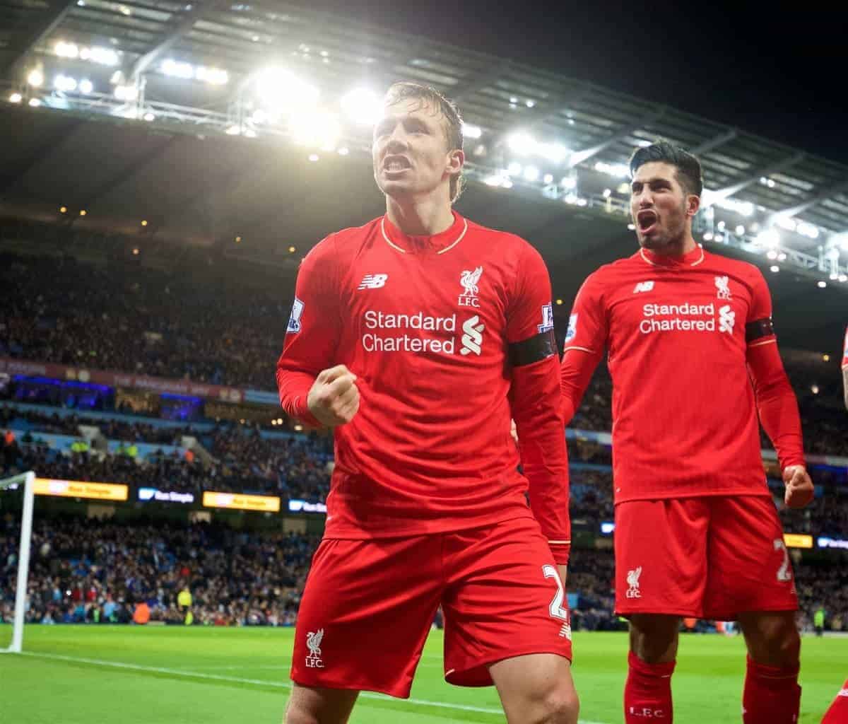 MANCHESTER, ENGLAND - Saturday, November 21, 2015: Liverpool's Lucas Leiva celebrates the the fourth goal against Manchester City, scored by Martin Skrtel, during the Premier League match at the City of Manchester Stadium. (Pic by David Rawcliffe/Propaganda)