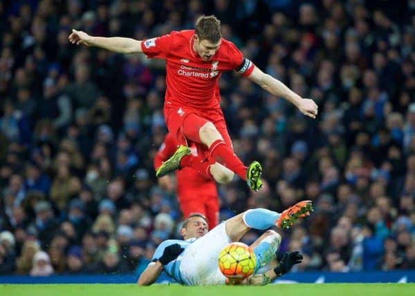 MANCHESTER, ENGLAND - Saturday, November 21, 2015: Liverpool's James Milner in action against Manchester City's Martin Demichelis during the Premier League match at the City of Manchester Stadium. (Pic by Lexie Lin/Propaganda)