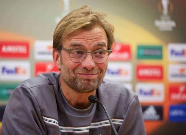 LIVERPOOL, ENGLAND - Wednesday, November 25, 2015: Liverpool's manager Jürgen Klopp during a press conference at Melwood Training Ground ahead of the UEFA Europa League Group Stage Group B match against FC Girondins de Bordeaux. (Pic by David Rawcliffe/Propaganda)