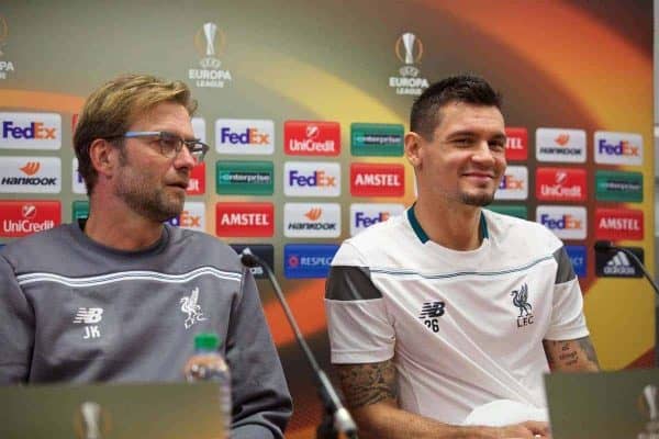 LIVERPOOL, ENGLAND - Wednesday, November 25, 2015: Liverpool's manager Jürgen Klopp and Dejan Lovren during a press conference at Melwood Training Ground ahead of the UEFA Europa League Group Stage Group B match against FC Girondins de Bordeaux. (Pic by David Rawcliffe/Propaganda)