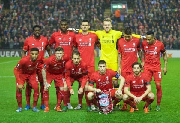 LIVERPOOL, ENGLAND - Thursday, November 26, 2015: Liverpool's players line up for a team group photograph before the UEFA Europa League Group Stage Group B match against FC Girondins de Bordeaux at Anfield. Back row L-R: Kolo Toure, Christian Benteke, Dejan Lovren, goalkeeper Simon Mignolet, Roberto Firmino, Nathaniel Clyne. Front row L-R: Jordon Ibe, Alberto Moreno, Lucas Leiva, James Milner, Joe Allen. (Pic by David Rawcliffe/Propaganda)