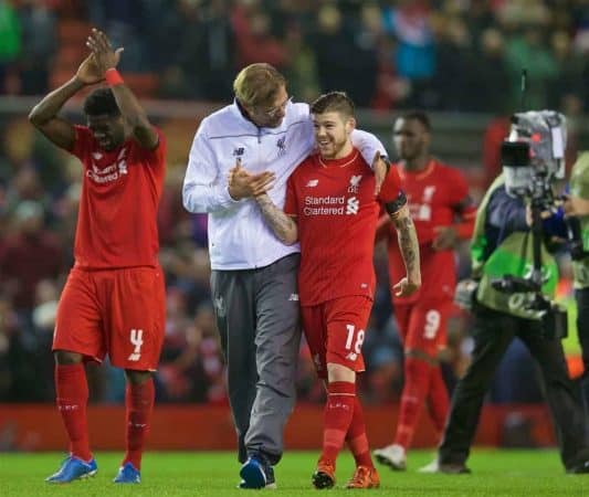 LIVERPOOL, ENGLAND - Thursday, November 26, 2015: Liverpool's manager Jürgen Klopp hugs Alberto Moreno after the 2-1 victory over FC Girondins de Bordeaux during the UEFA Europa League Group Stage Group B match at Anfield. (Pic by David Rawcliffe/Propaganda)